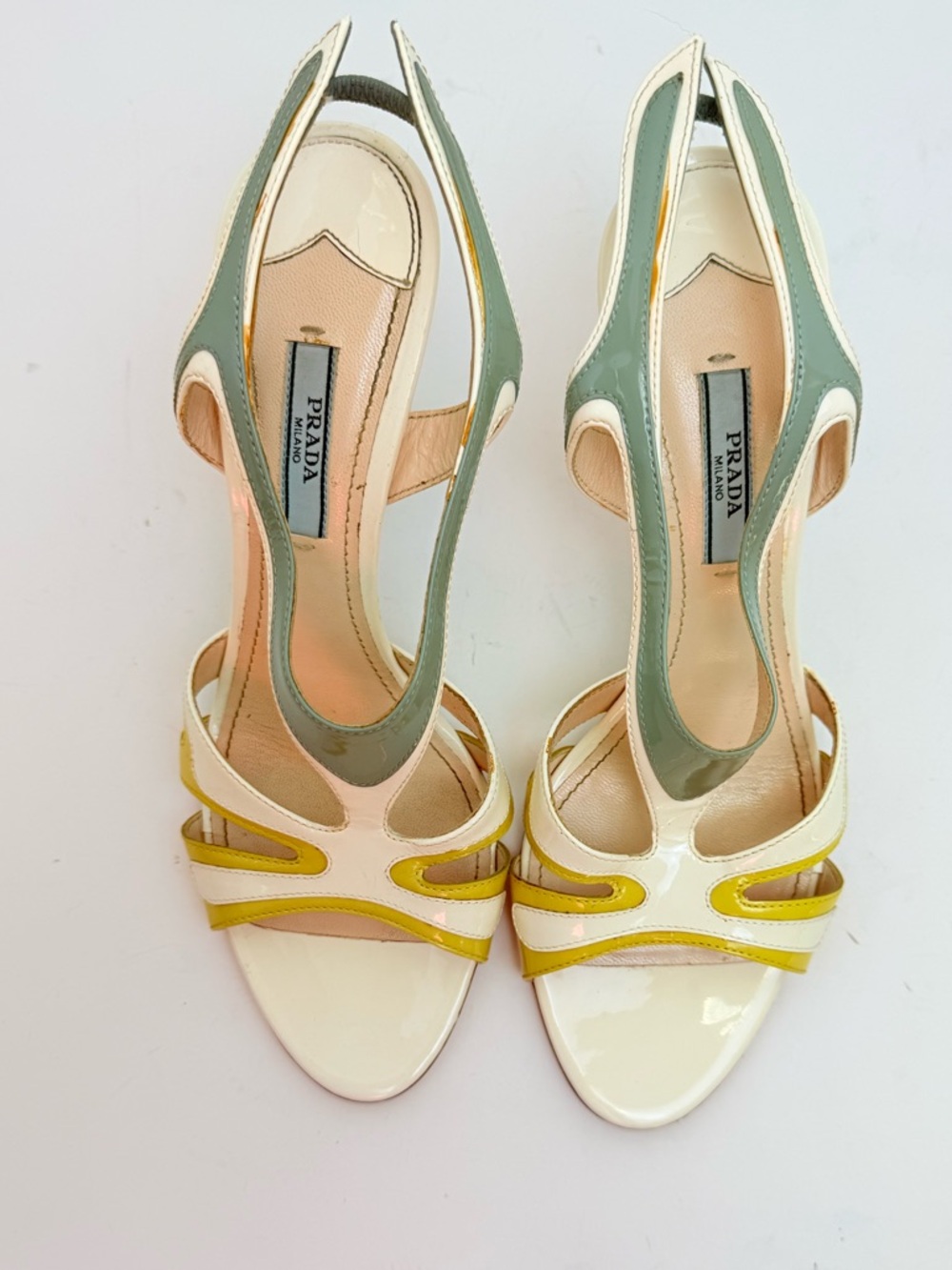 Prada 2012 Hot Rod Flame Patent Cutout Slingback Heels 38 Ivory Yellow Sage - Picture 4 of 13